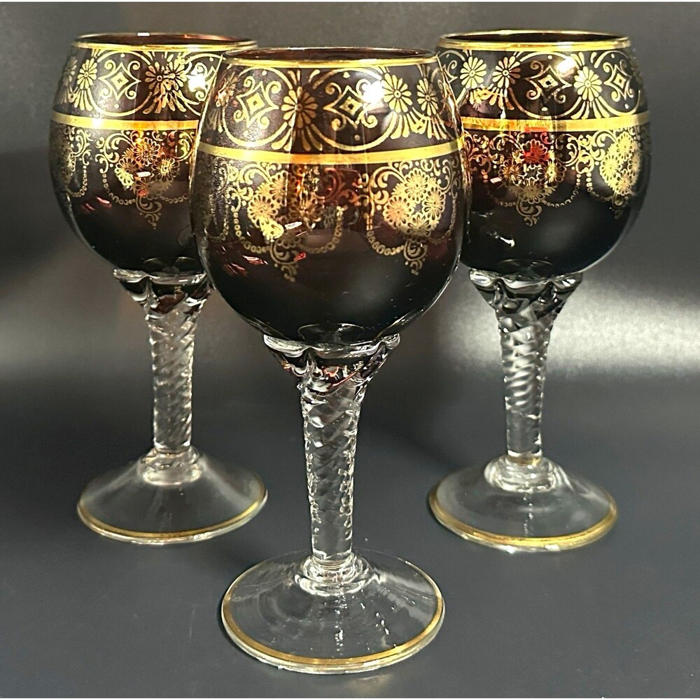 Bohemian Amethyst Wine Glasses Goblets  Set of 3 6.25” Gold Gilt  Twisted Stem